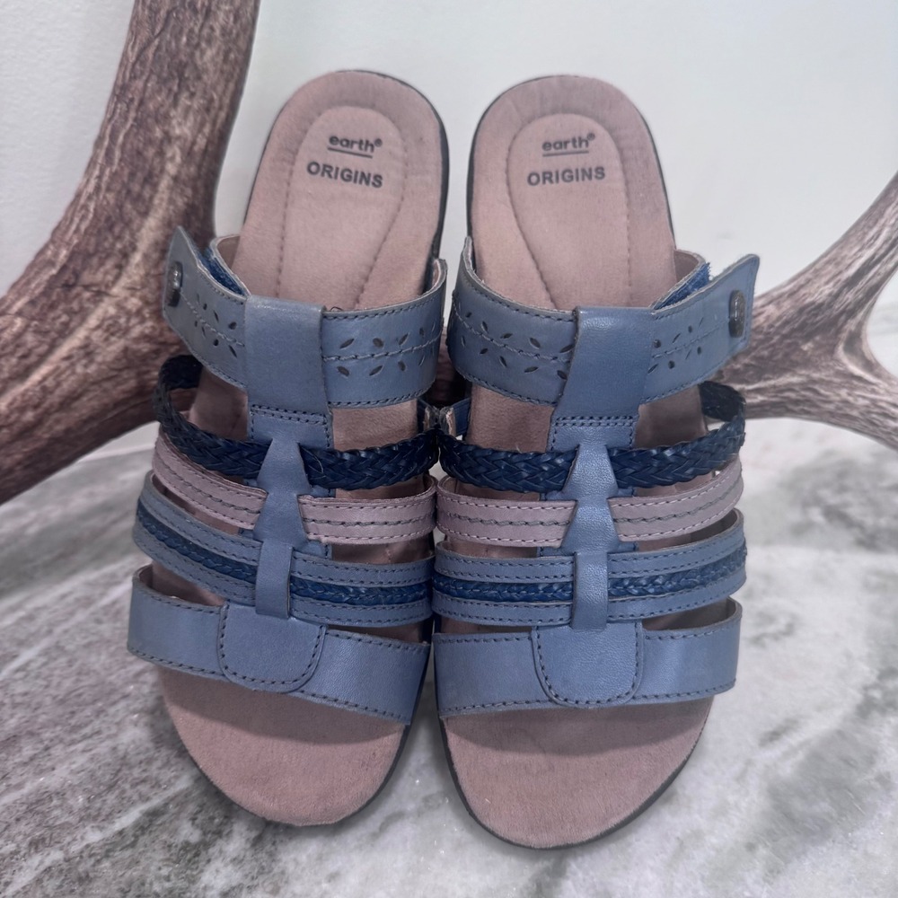 Earth Origins Hayward Hollie Blue Leather Multi Strap Slide Sandals Womens 8.5W